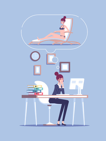 Tired business woman character overloaded at work and dreaming of vacation on beach resort vector flat illustration. Stressed businesswoman thinking of herself lying on a chaise longue in swim suit.のイラスト素材