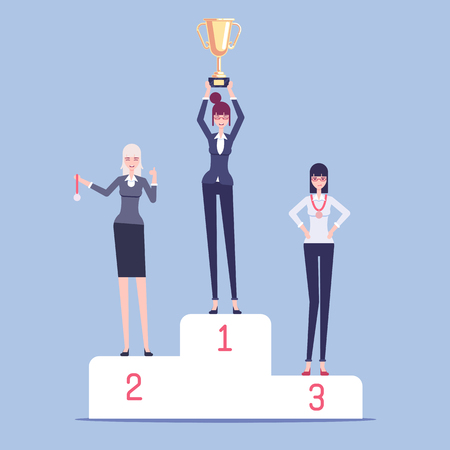 Business women winners stand on pedestal at the awards ceremony flat illustration. Honoring and rewarding woman gold cup for first place and awarding medals to others. Business concept competitionのイラスト素材