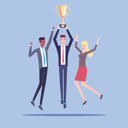 Group of happy business people celebrating a victory and jumping with a golden cup in their hands vector flat illustration. Business concept award for teamwork, successful business team.のイラスト素材