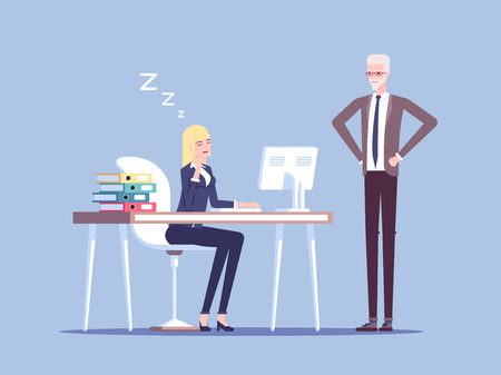 Boss caught a young female office worker relaxing at desk during work vector flat illustration. Tired businesswoman asleep on a workplace. Business concept lazy employee, staff reduced productivity.のイラスト素材