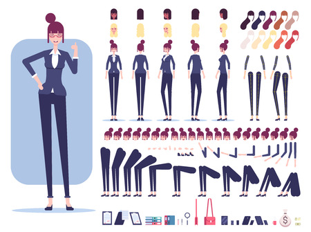 Businesswoman character constructor or creation set. Female employee with different views, emotions, haircuts, office tools and skin color isolated on white background vector flat illustration.のイラスト素材