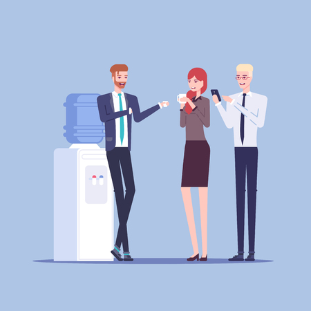 Young male and female office workers having informal conversation next to the watercooler, colleagues communicate with each other during a break vector flat illustration. Office cooler chat.のイラスト素材