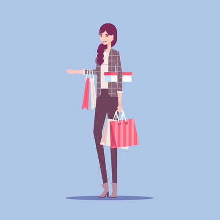 Fashionable young woman standing with a lot shopping bags. Shop sale, black friday vector flat illustration.のイラスト素材