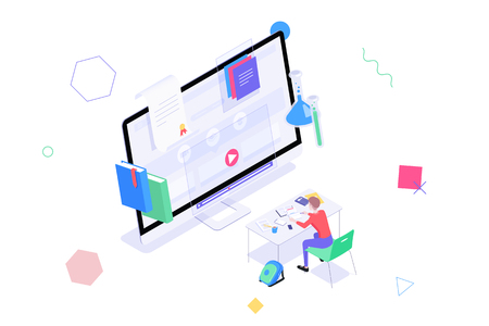 Concept online education, graduation, e-learning. Isometric student sitting at the table solving the test in front of monitor with training videos, diploma and other elements of online learning.のイラスト素材
