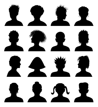 16 silhouettes of heads, vector のイラスト素材