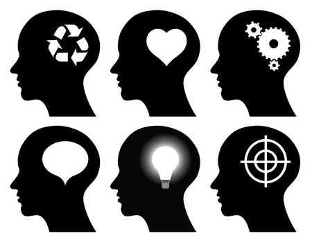 black head profiles with idea symbols, abstract illustrationsのイラスト素材