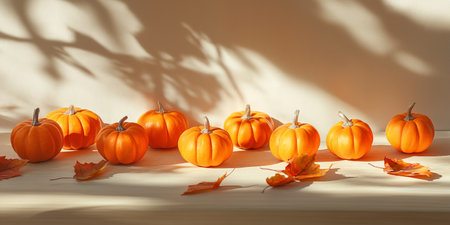 Autumn Thanksgiving holiday concept. Decor with orange pumpkins and fall leaves on a light wooden surface, with a play of shadow and light. Copy space for textの素材
