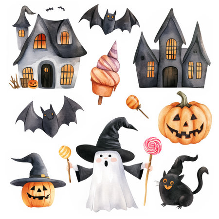 Set of watercolor Halloween illustrations isolated on a white background. Includes design elements such as a witchy gnome, pumpkins, ghosts, bats, a black cat, candy, and haunted houses.の素材