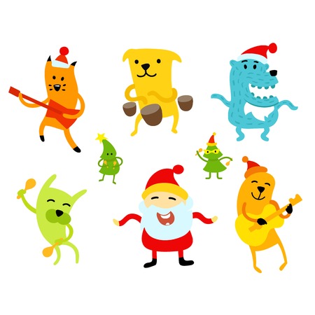 Funny new year musicians animals cat fox bear Santa Clausのイラスト素材