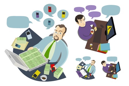 Guy man boss and employee working at the table desk, money suitcaseのイラスト素材