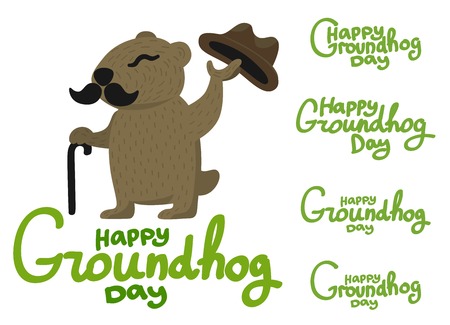Lettering for Groundhog Day. Groundhog with a mustache and hatのイラスト素材