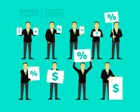 Set of 9 poses - man with the paper end poster in his handsのイラスト素材