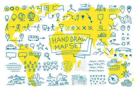 Hand draw map set elements. Vector picture outlineのイラスト素材