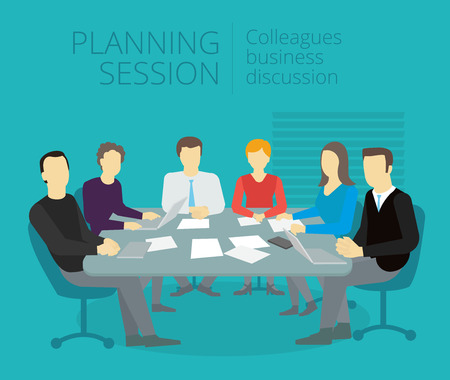 Discussing people colleagues working table sittingのイラスト素材