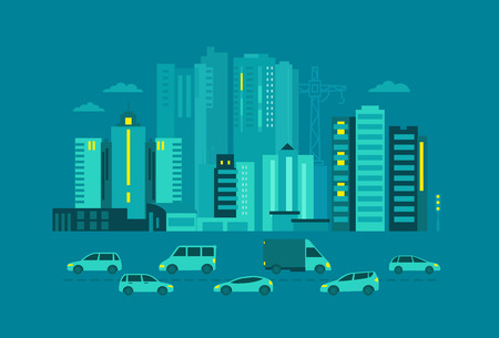 Cars in the city. Metropolis street on blue background, evening or night. Flat vector illustration for banner advertising.のイラスト素材