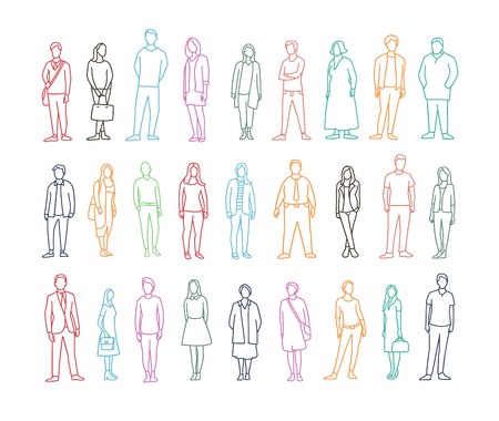 Freehand drawing set many different ordinary people. Adult male and female person.のイラスト素材