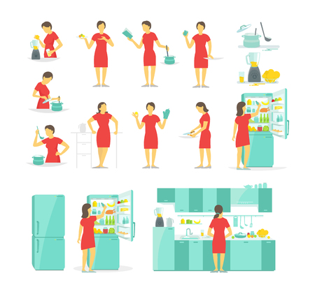 A woman in the kitchen set of different poses. Preparation food by prescription.のイラスト素材