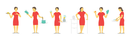 A woman set of different poses preparation food by prescription. Dishes and saucepan. Red dress, beautiful slender girl.のイラスト素材