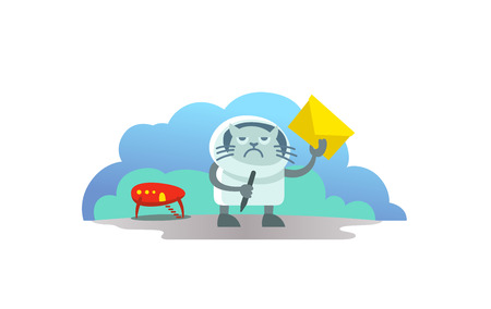 Disgruntled cat UFO alien arrived on rocket and brought letter postman. Funny news subscription vector illustrationのイラスト素材