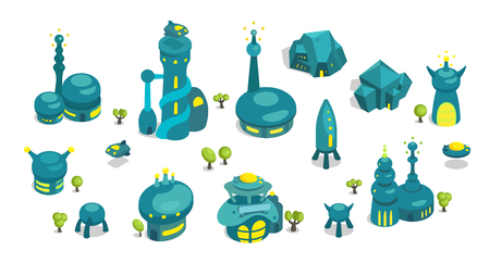 Amazing space city of future alien-look landscape and city scape, another planet. Innovative Isometry art vector illustration set.の写真素材
