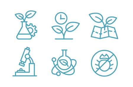 A set of icons biotechnology. Biology chemistry plants and flasks. Agriculture and agronomist.のイラスト素材