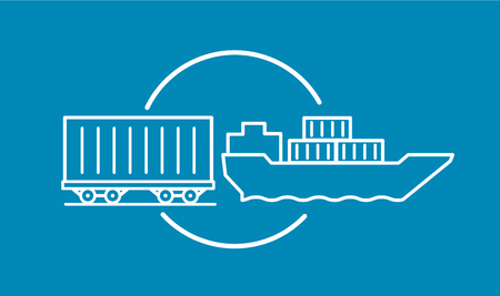 Container delivery by rail and water transport on barge icon. Shipping delivery transportation logistics.のイラスト素材