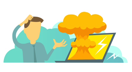 System error in laptop epic fail. Atomic bomb explosion nuclear. Man manager programmer and bug in the computer. Oops. Vector illustrationのイラスト素材