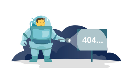 Cosmonaut with flashlight in space signboard 404 error. cute Illustration for error page 404 not...