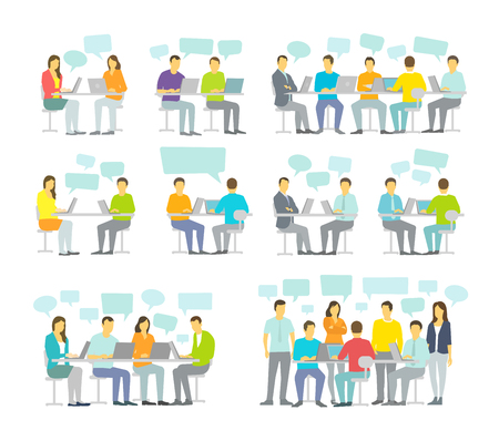 Office team business people big set discussing meeting sit desk working. Brainstorming talking.のイラスト素材