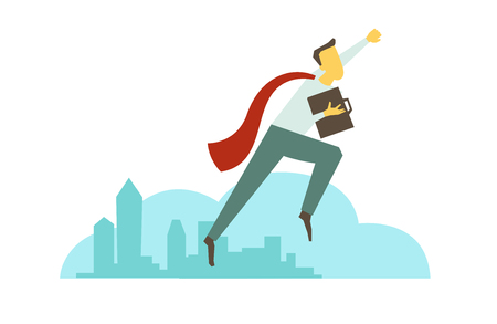Superhero man businessman flies over the city. Success and victory. In red cloak with briefcase. Vector illustration.のイラスト素材