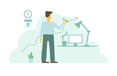 Businessman draw arrow graph. Leading his line with arrow to success.  Metaphor supports business vector.のイラスト素材