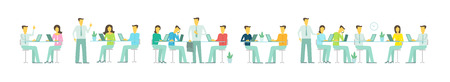 Site header long illustration Office team business people set discussing meeting sit at the table working. Brainstorming talking optimisticのイラスト素材