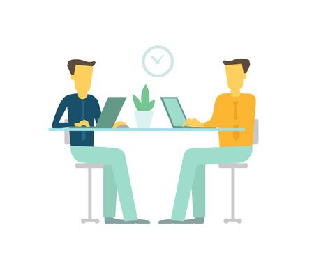 Office two people team business people talking sit desk working.のイラスト素材