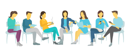 Seven people set work sitting on chairs Men and women.のイラスト素材