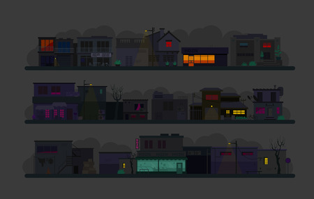 Night city street. Set of architecture buildings. Flat vector graphics. Many buildings cafes, lanterns and various details In the dark illustrationのイラスト素材