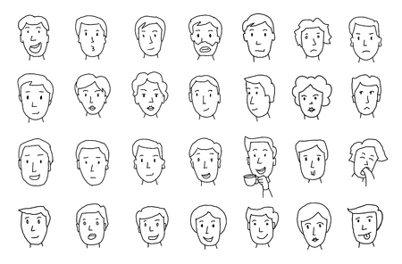 Set of peoples faces. Different emotions. Painted by hand. Lines in pencil sketchのイラスト素材