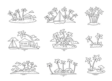 Palm island beach paradise set. Tourism rest ocean illustration set. Sea bungalow holidays. Hand drawn.のイラスト素材