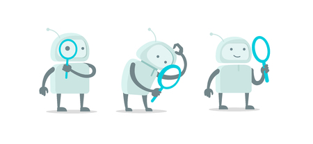Robot alien character with magnifier loupe set. With magnifying glass search. Flat color vector illustration stock clipart.のイラスト素材