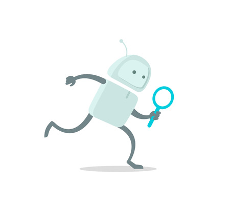 Robot runs alien character with magnifier loupe. With magnifying glass search. Flat color vector illustration stock clipartのイラスト素材