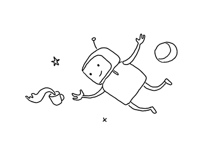 Sketch character weightlessness in outer space. The robot lost a cup of coffee zero gravity. 404 error not page. Hand drawn black line vector illustration.のイラスト素材