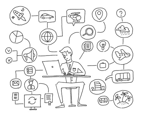 Sketch scheme drawing. The man is planning trip. Travel agent. Thoughts about the road, plane transport resort. Hand drawn black line vector illustration.のイラスト素材