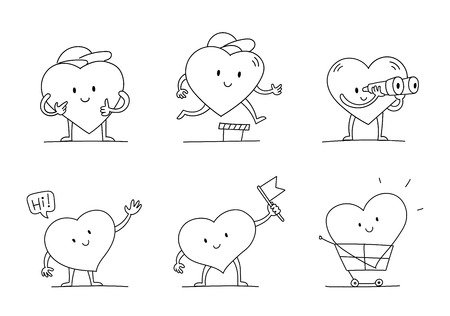 My Favorites character set. Heart with legs, hands and face sketch. With the flag. Funny and cute. Hand drawn black line vector illustration.のイラスト素材