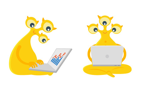 Three-eyed yellow alien character is sitting with laptop looks at the diagram. Face and profile. Flat color vector illustration.のイラスト素材