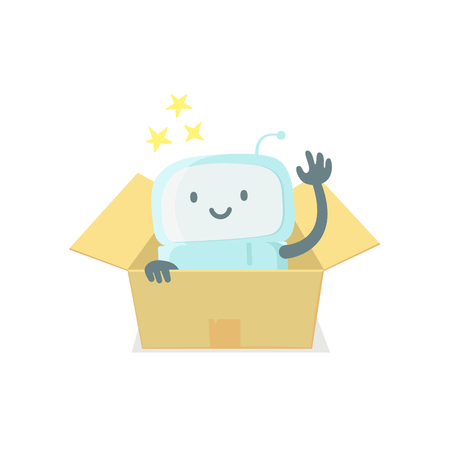 Robot toy in the box. Cute small new emoji sticker Icon. Very cute for child kid surprise box. You are beautiful emotions. Flat color vector illustrationのイラスト素材