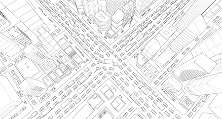 City street Intersection traffic jams road 3d. Black lines outline contour style Very high detail projection view. A lot cars end buildings top view Vector illustrationのイラスト素材