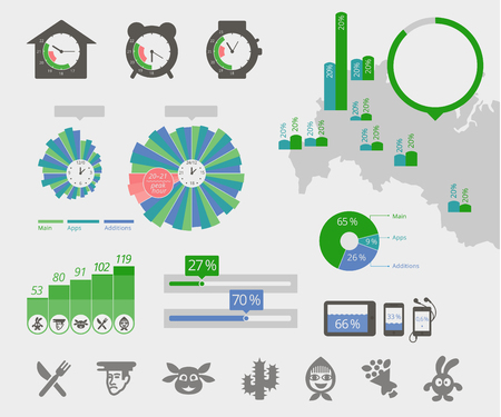 Universal infographics. Clock map, circle diagrams. Elements of the interface. Icons of entertainment. Vector illustration flat stockのイラスト素材