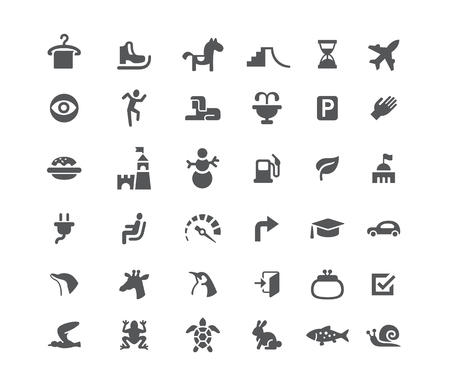 Set of icons. Road and animals. Carousel skates snowman burger and tower. Black and white isolatedのイラスト素材