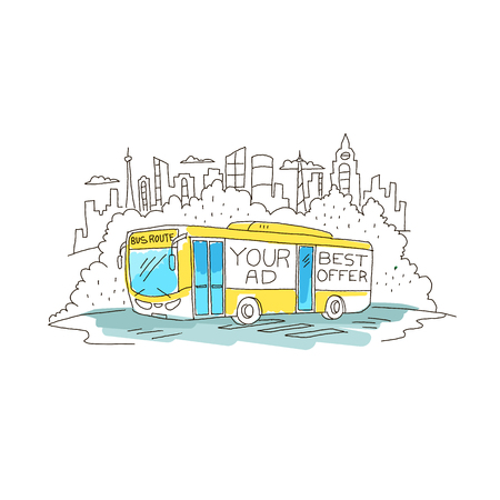 Passenger-carrying coach yellow bus with advertising banner sketch against the background of the city. Your ad. Vector color illustration clipart. Hand drawn line.のイラスト素材
