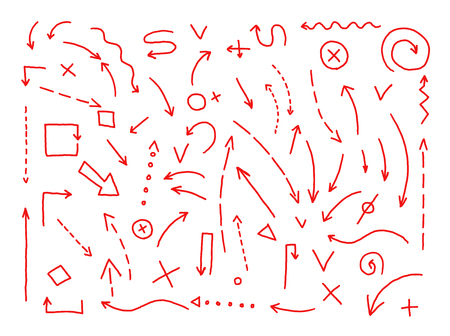 Arrows drawing set graphic Painted by hand. Red lines in pencil outline sketch. Stock vector illustration white backgroundのイラスト素材