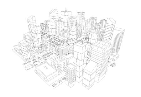 Skyscrapers business center buildings top view. Outline contour style. Very high detail projection. Vector illustration stock clipart.のイラスト素材